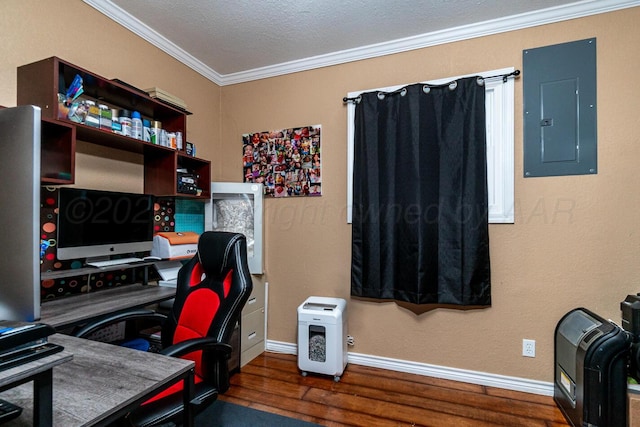 office space with dark hardwood / wood-style floors, crown molding, a textured ceiling, and electric panel