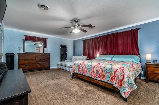 bedroom featuring ceiling fan, carpet, and crown molding