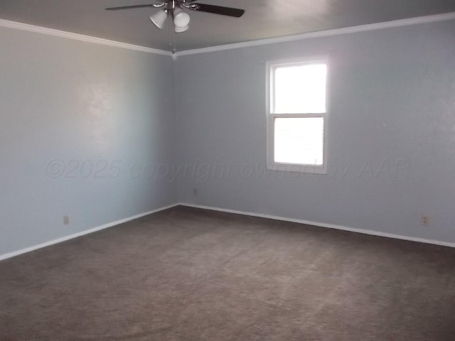 805 Brevard St, Hereford, TX 79045 - spare room with a ceiling fan, crown molding, and dark colored carpet