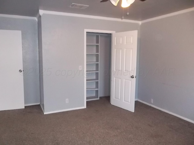 805 Brevard St, Hereford, TX 79045 - unfurnished bedroom featuring ornamental molding, carpet floors, and ceiling fan