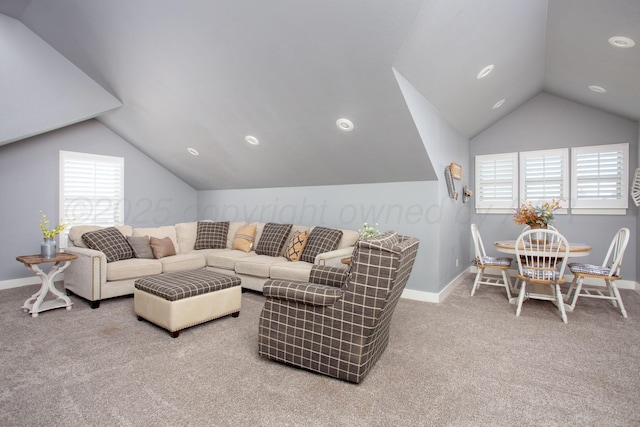 living area with recessed lighting, baseboards, carpet, and lofted ceiling