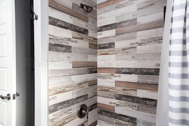 interior details with a shower with curtain