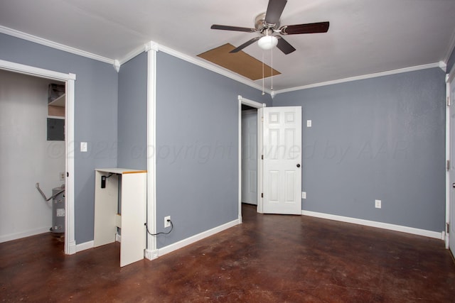 505 Alamo St, Claude, TX 79019 - empty room with concrete floors, ceiling fan, ornamental molding, and baseboards