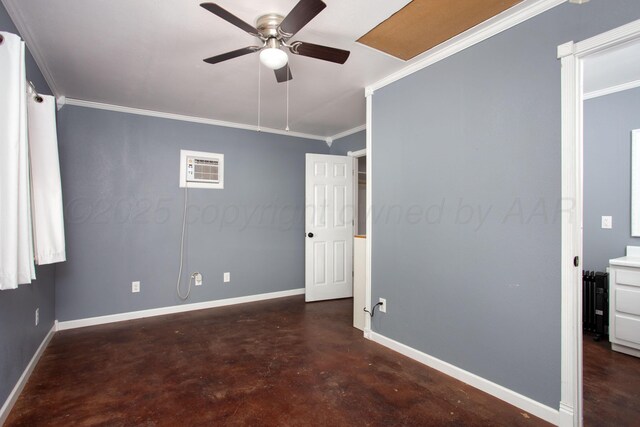 505 Alamo St, Claude, TX 79019 - unfurnished bedroom featuring finished concrete flooring, ornamental molding, baseboards, and ceiling fan