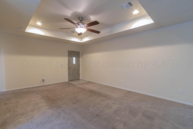 3520 S Mirror St, Amarillo, TX 79118 - carpeted empty room featuring a raised ceiling, crown molding, a ceiling fan, recessed lighting, and a smoke detector