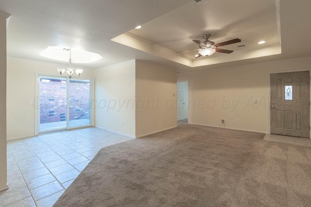 3520 S Mirror St, Amarillo, TX 79118 - empty room featuring a raised ceiling, a chandelier, ceiling fan, crown molding, and recessed lighting