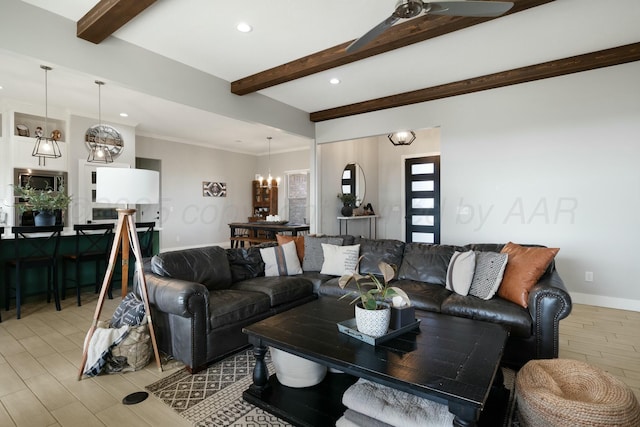 3851 Whitetail Springs Rd, Amarillo, TX 79119 - living room with ceiling fan with notable chandelier, light wood-type flooring, recessed lighting, baseboards, and beam ceiling