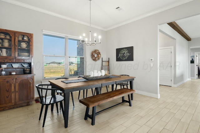 3851 Whitetail Springs Rd, Amarillo, TX 79119 - dining room with visible vents, baseboards, an inviting chandelier, light wood-type flooring, and crown molding