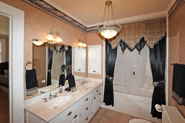 2101 S Harrison St, Amarillo, TX 79109 - bathroom with shower / bath combo with shower curtain, double vanity, ornamental molding, and tile patterned flooring