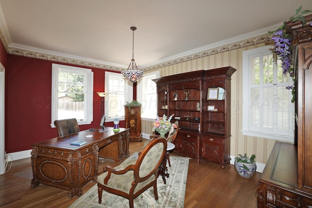 2101 S Harrison St, Amarillo, TX 79109 - home office with baseboards, wood finished floors, crown molding, and wallpapered walls