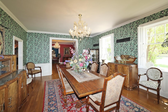 2101 S Harrison St, Amarillo, TX 79109 - dining room featuring a chandelier, wallpapered walls, ornamental molding, a wainscoted wall, and wood finished floors