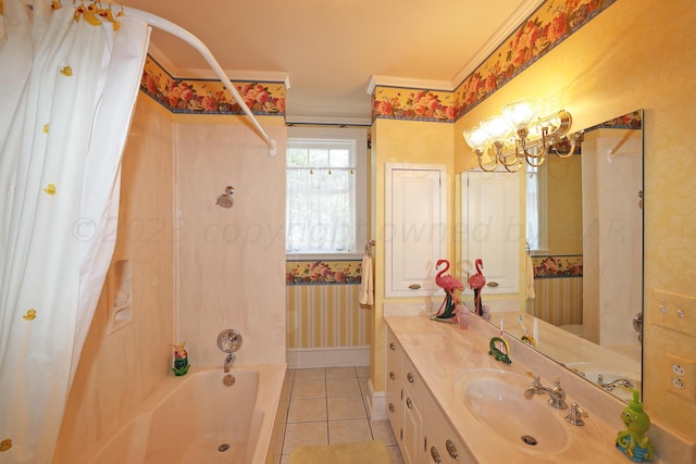 2101 S Harrison St, Amarillo, TX 79109 - bathroom with washtub / shower combination, vanity, tile patterned flooring, wallpapered walls, and ornamental molding