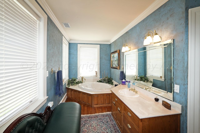 2101 S Harrison St, Amarillo, TX 79109 - bathroom with wallpapered walls, wood finished floors, vanity, a bath, and ornamental molding