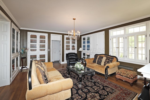 2101 S Harrison St, Amarillo, TX 79109 - living area featuring a chandelier, crown molding, dark wood-style flooring, and radiator heating unit