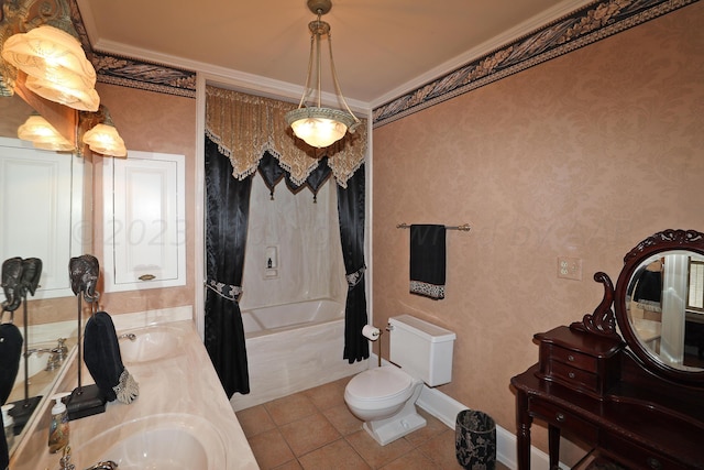 2101 S Harrison St, Amarillo, TX 79109 - full bath with ornamental molding, tile patterned flooring, toilet, and double vanity