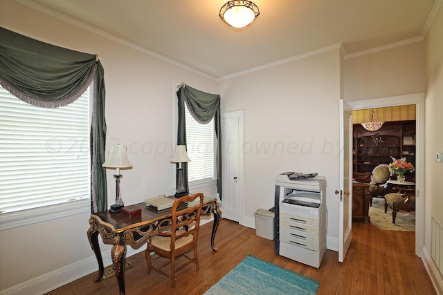 2101 S Harrison St, Amarillo, TX 79109 - office featuring wood finished floors, crown molding, baseboards, and a chandelier