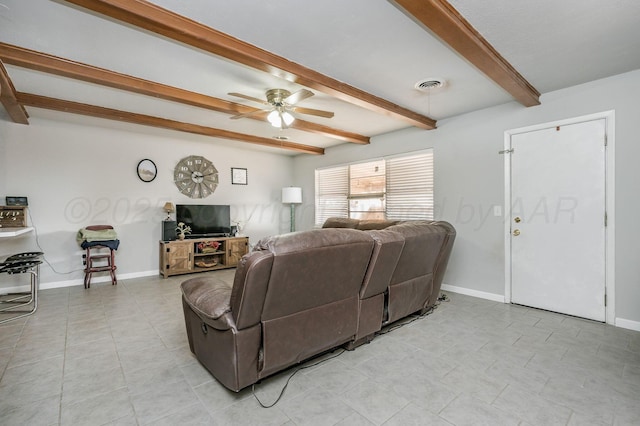 living room featuring visible vents, beam ceiling, baseboards, and a ceiling fan