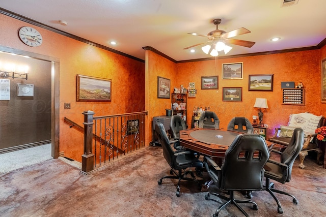 7809 Clearmeadow Dr, Amarillo, TX 79119 - carpeted home office featuring ornamental molding, ceiling fan, a textured wall, recessed lighting, and baseboards