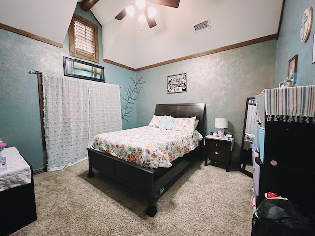 bedroom featuring high vaulted ceiling, light colored carpet, and ceiling fan