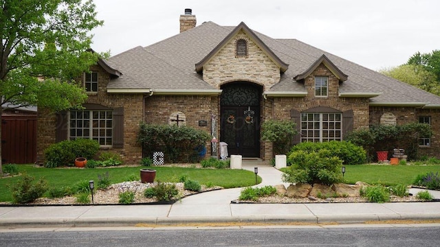 7809 Clearmeadow Dr, Amarillo, TX 79119 - french country style house with a front yard, a chimney, roof with shingles, stone siding, and brick siding