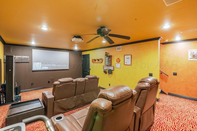 7809 Clearmeadow Dr, Amarillo, TX 79119 - home theater with carpet, ceiling fan, recessed lighting, and crown molding