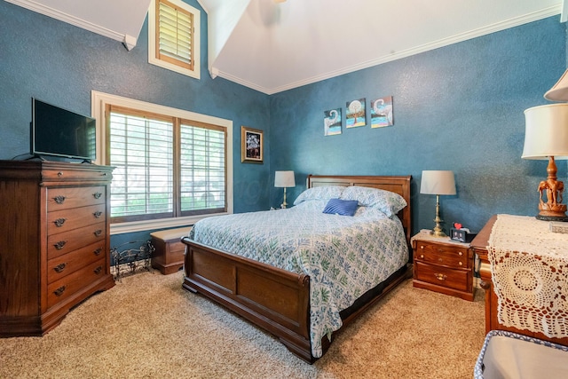7809 Clearmeadow Dr, Amarillo, TX 79119 - bedroom featuring ornamental molding, light colored carpet, and vaulted ceiling