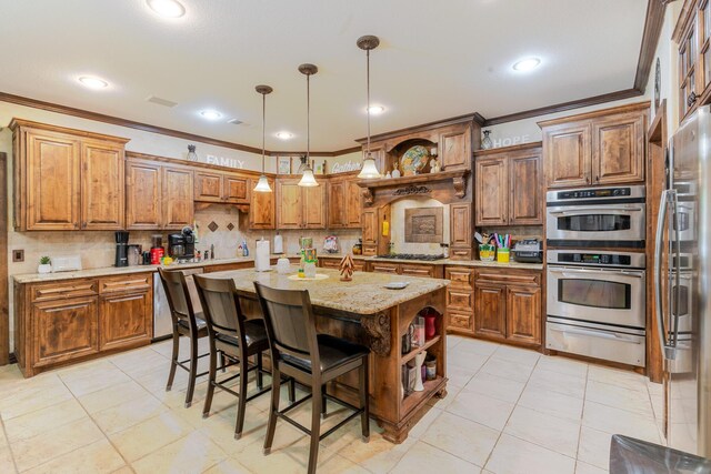 7809 Clearmeadow Dr, Amarillo, TX 79119 - kitchen with a warming drawer, open shelves, ornamental molding, brown cabinetry, and stainless steel appliances