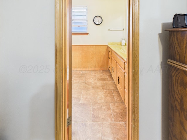 1620 N Nelson St, Pampa, TX 79065 - bathroom featuring vanity, a wainscoted wall, stone finish floors, and wooden walls
