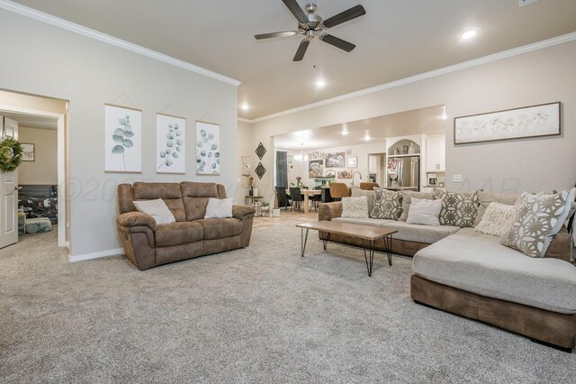 8309 City View Dr, Amarillo, TX 79118 - living room featuring ornamental molding, a ceiling fan, carpet, and recessed lighting
