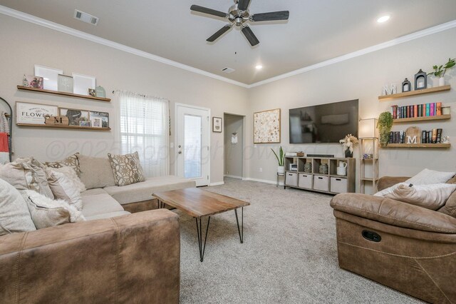 8309 City View Dr, Amarillo, TX 79118 - living area featuring carpet flooring, a ceiling fan, ornamental molding, and recessed lighting