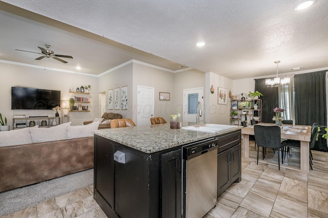 8309 City View Dr, Amarillo, TX 79118 - kitchen with dishwasher, a chandelier, crown molding, an island with sink, and dark cabinetry