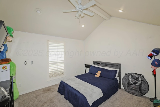carpeted bedroom with vaulted ceiling with beams, recessed lighting, baseboards, and a ceiling fan