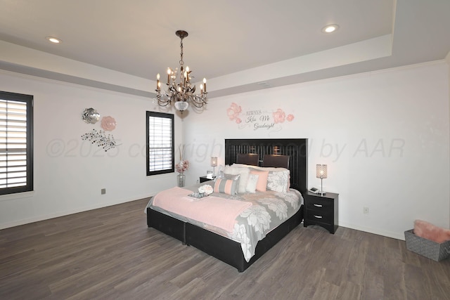 bedroom featuring recessed lighting, baseboards, a chandelier, and dark wood-type flooring