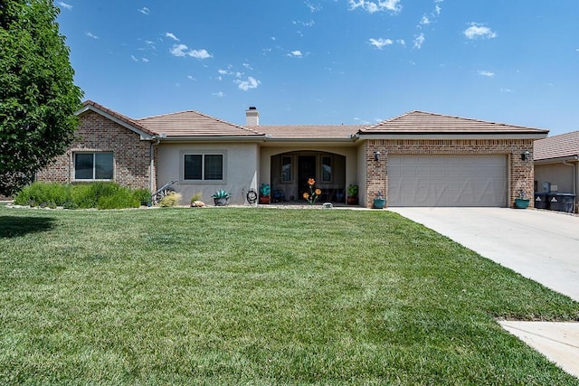 1006 Pinot Blvd, Amarillo, TX 79124 - ranch-style house featuring a chimney, a garage, a front yard, concrete driveway, and stucco siding
