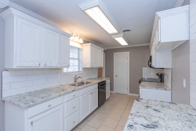 kitchen with black appliances, sink, decorative backsplash, ornamental molding, and white cabinetry