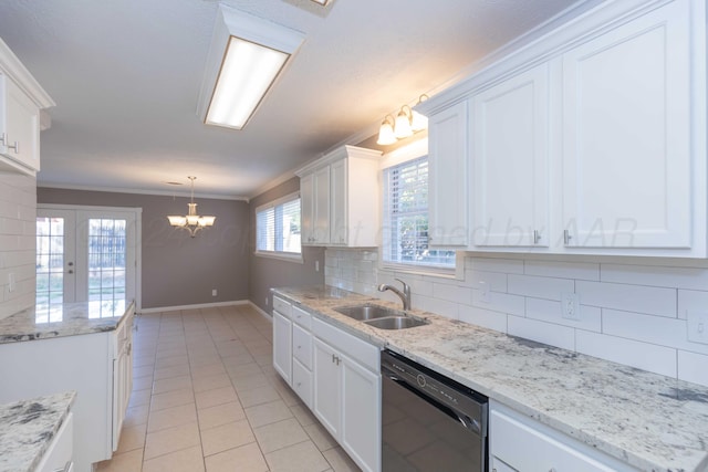 kitchen with sink, black dishwasher, backsplash, white cabinets, and ornamental molding