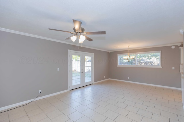 empty room featuring crown molding, french doors, light tile patterned floors, and ceiling fan with notable chandelier