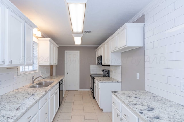 kitchen featuring sink, decorative backsplash, white cabinets, black appliances, and ornamental molding