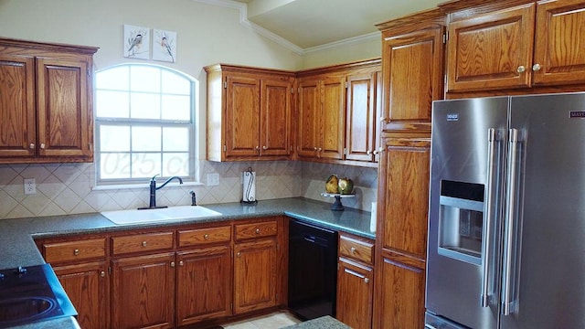 kitchen with a sink, brown cabinets, and black appliances