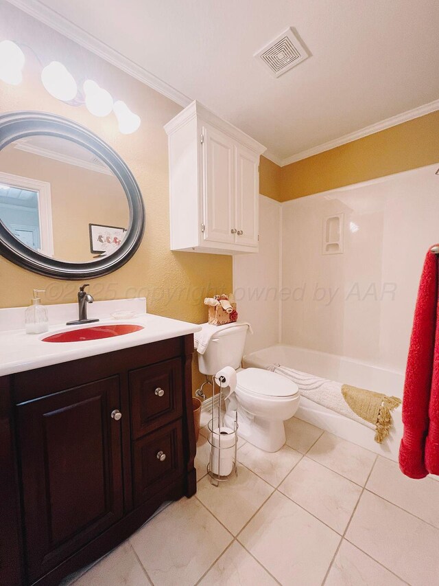 full bathroom featuring tile patterned floors, visible vents, vanity, a tub, and ornamental molding