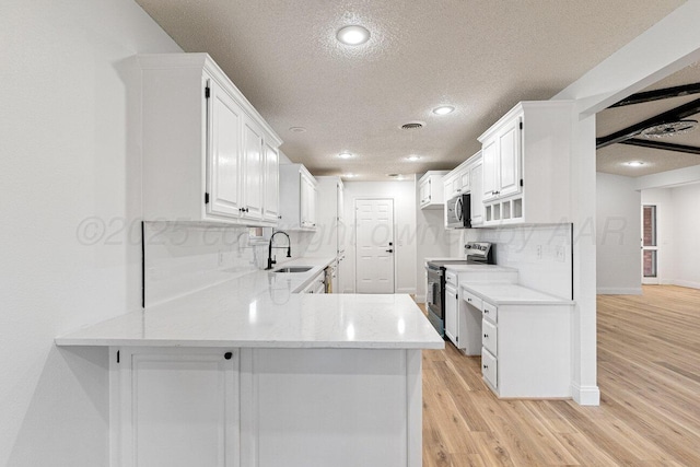 2607 15th Ave, Canyon, TX 79015 - kitchen with stainless steel appliances, a sink, a peninsula, white cabinets, and light wood finished floors