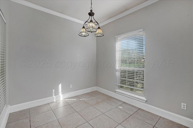 spare room with light tile patterned floors, a notable chandelier, crown molding, and baseboards