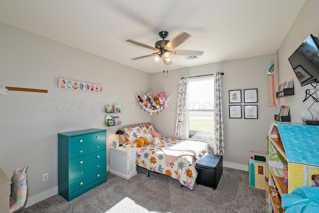 carpeted bedroom featuring ceiling fan