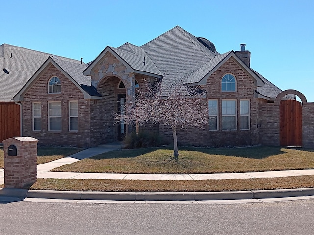 view of front of house with a front yard, brick siding, fence, and a chimney