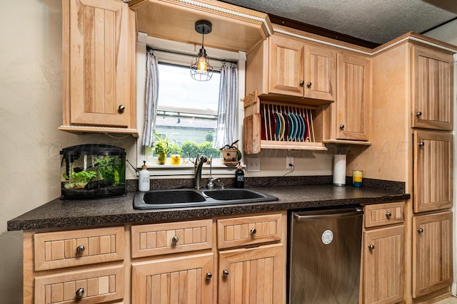 1203 Lee St, Borger, TX 79007 - kitchen with dishwasher, a sink, light brown cabinets, and dark countertops