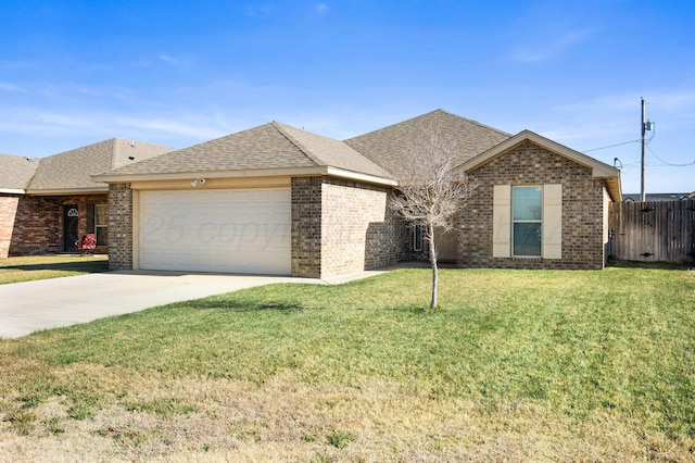 single story home featuring a front yard and a garage