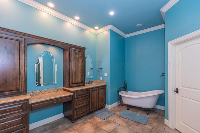 3 Country Club Dr, Amarillo, TX 79124 - bathroom with a soaking tub, crown molding, vanity, and recessed lighting
