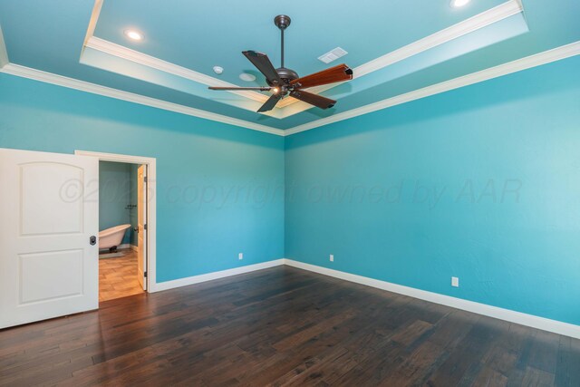 3 Country Club Dr, Amarillo, TX 79124 - empty room with a tray ceiling, a ceiling fan, crown molding, dark wood finished floors, and recessed lighting