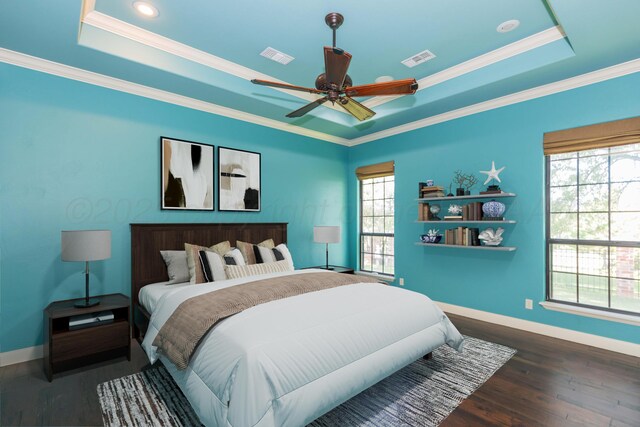 3 Country Club Dr, Amarillo, TX 79124 - bedroom featuring a tray ceiling, wood finished floors, crown molding, a ceiling fan, and recessed lighting