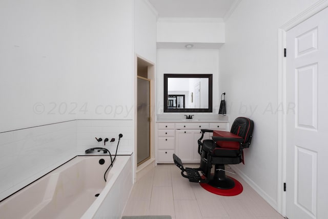 bathroom featuring independent shower and bath, vanity, tile patterned floors, and ornamental molding